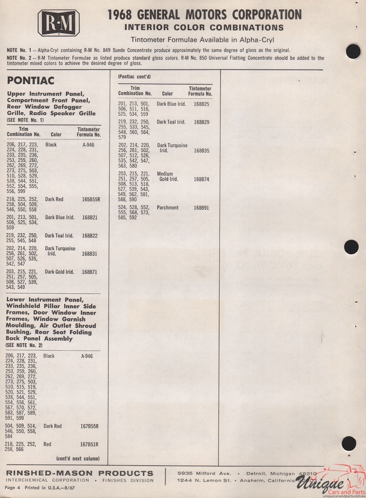 1968 General Motors Paint Charts RM 7